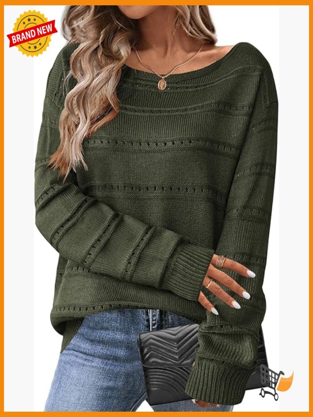 Off Shoulder Crochet Pullover Sweater Long Sleeve Loose Fit Lightweight Fall